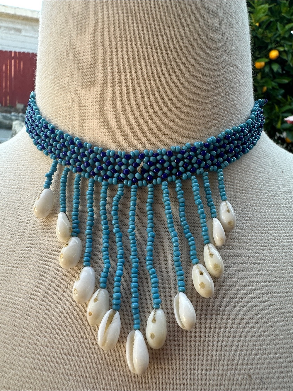 Handcrafted Turquoise Beaded Fringe Necklace with Cowrie Shells